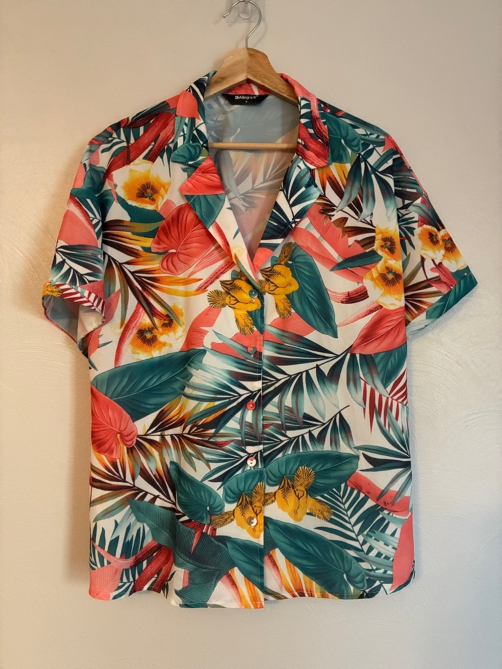 Coral,‎ Teal & Yellow Tropical Floral Button-Down Shirt Hawaiian Print